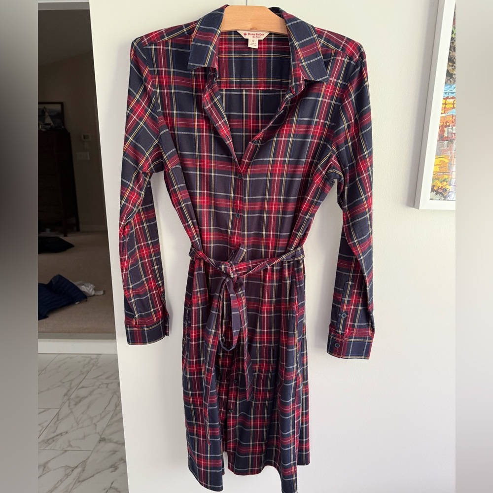 Brooks Brothers Red and Navy Blue Plaid Long Sleeve Shirt Dress